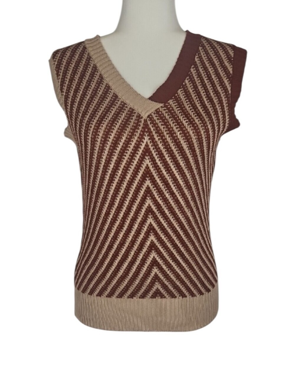 Academia Sweater Vest Mocha Mousse Preppy Knit Grandpa Style Tan Chevron, M